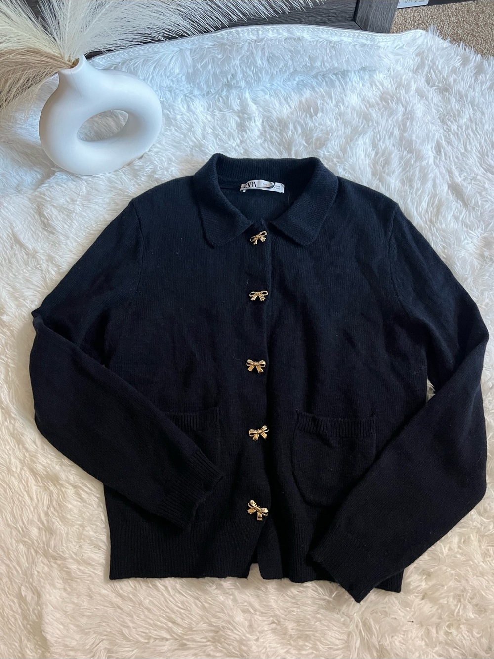 🔥NWOT ZARA🔥 Navy Bow-Button Collared Cardigan Sweater
